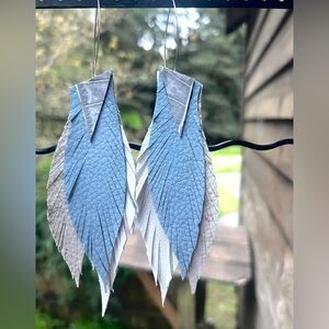 Handcrafted Blue Cream Layered Leather Feather Earrings Coachella NWT